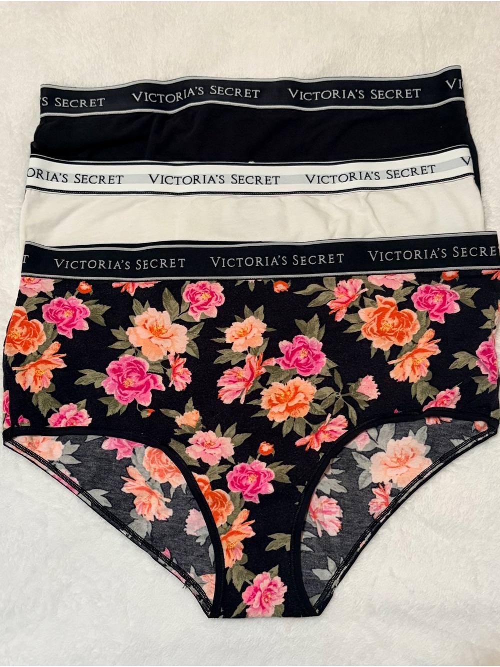 3-pk Victoria's Secret Black, White & Floral Logo Cotton Modern Brief